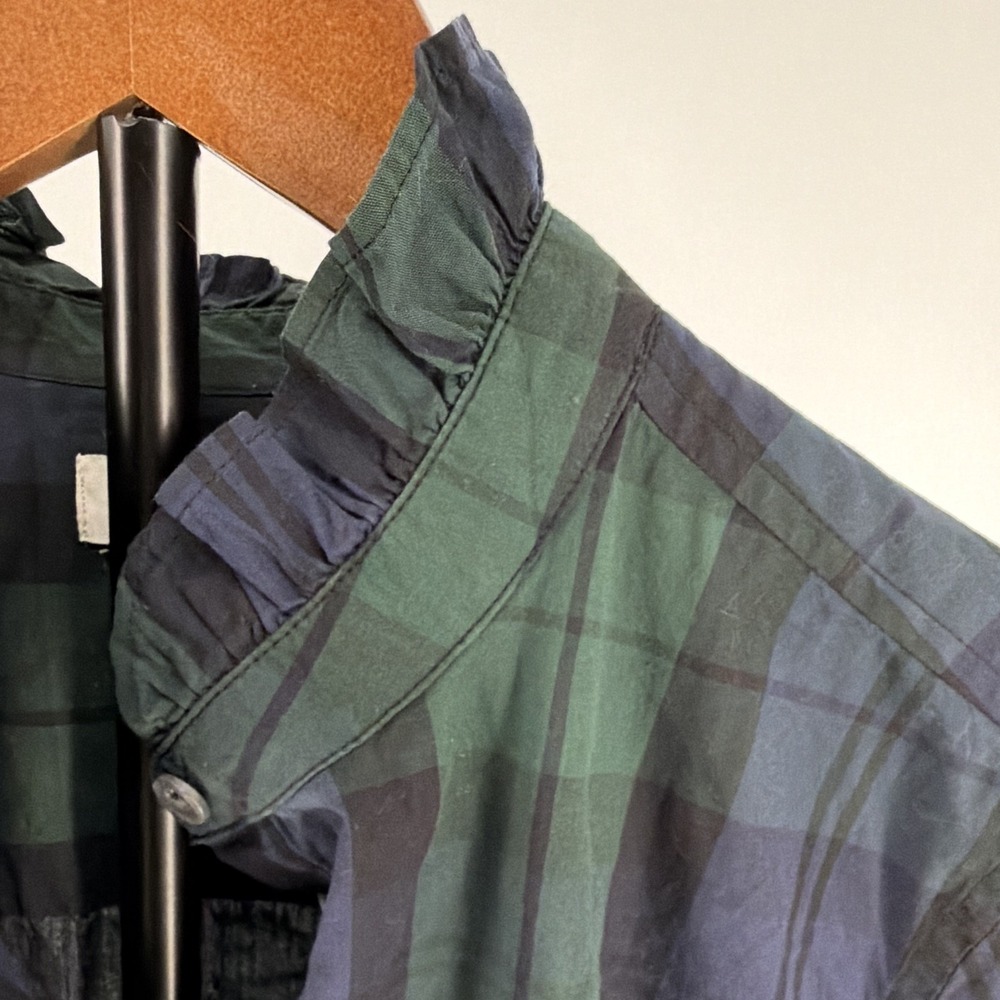 J.CREW Women's Black Watch Green/Blue Plaid Long Sleeve Ruffle Button-Up Shirt